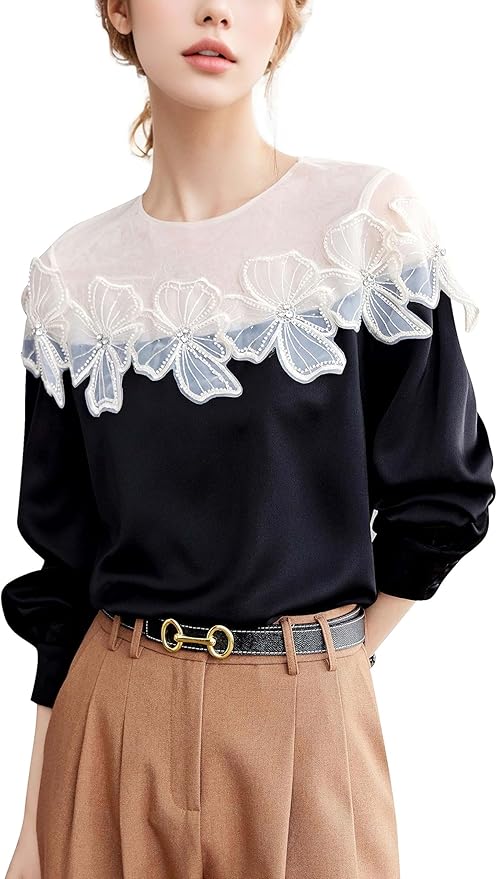 Chic Long-Sleeve Blouse with Lace Floral Appliqué – Elegant and Feminine