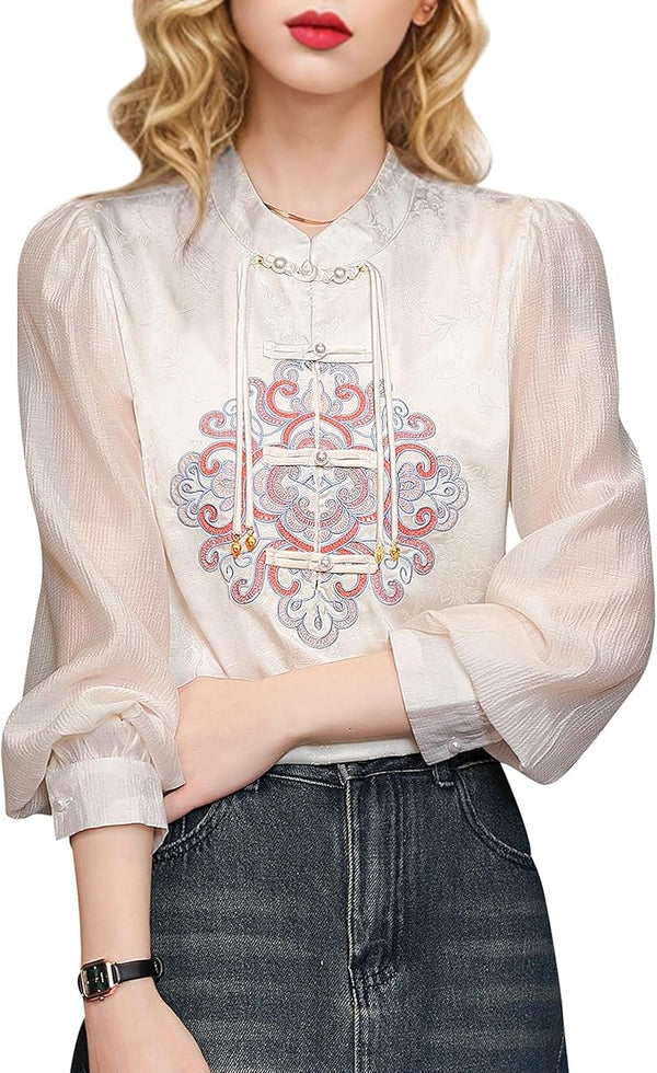 Women's Vintage Chinese Silk Satin Top Embroidery Elegant Jacquard Casual Blouse