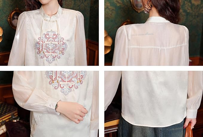 Women's Vintage Chinese Silk Satin Top Embroidery Elegant Jacquard Casual Blouse