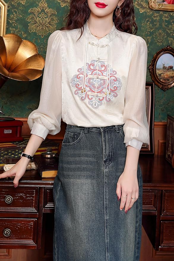 Women's Vintage Chinese Silk Satin Top Embroidery Elegant Jacquard Casual Blouse
