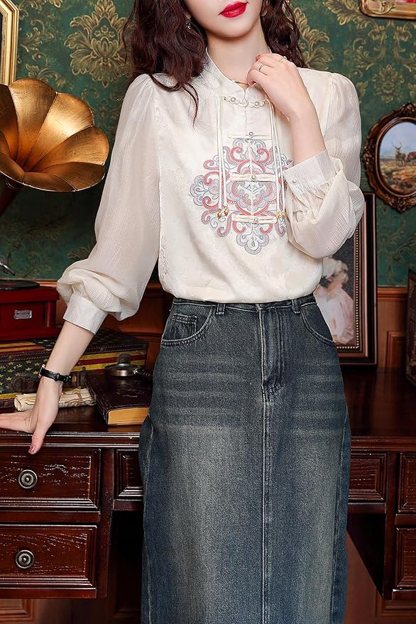 Women's Vintage Chinese Silk Satin Top Embroidery Elegant Jacquard Casual Blouse